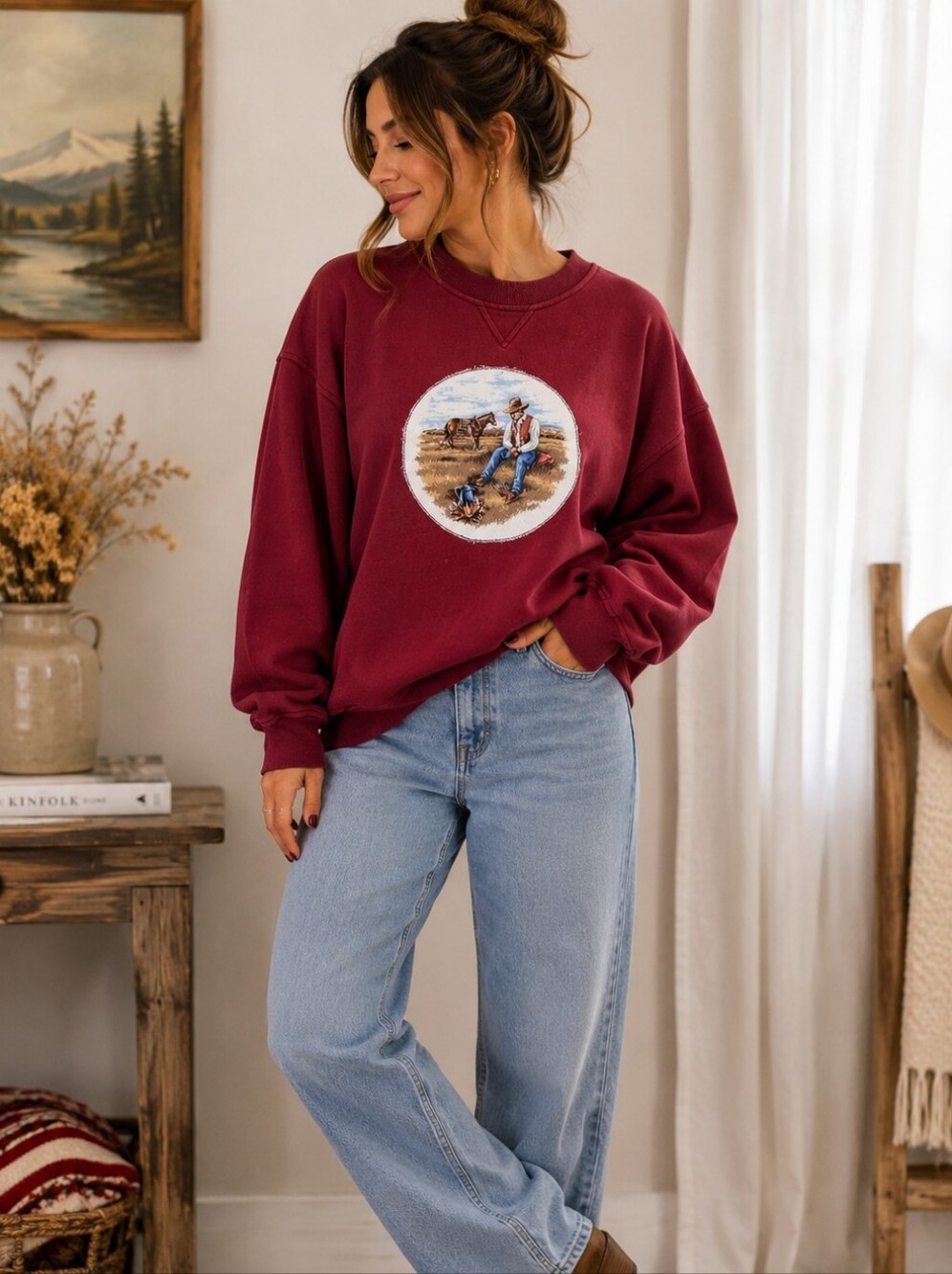 Re Worked Western Cowboy Patchwork Crewneck Burgandy Cozy Oversized